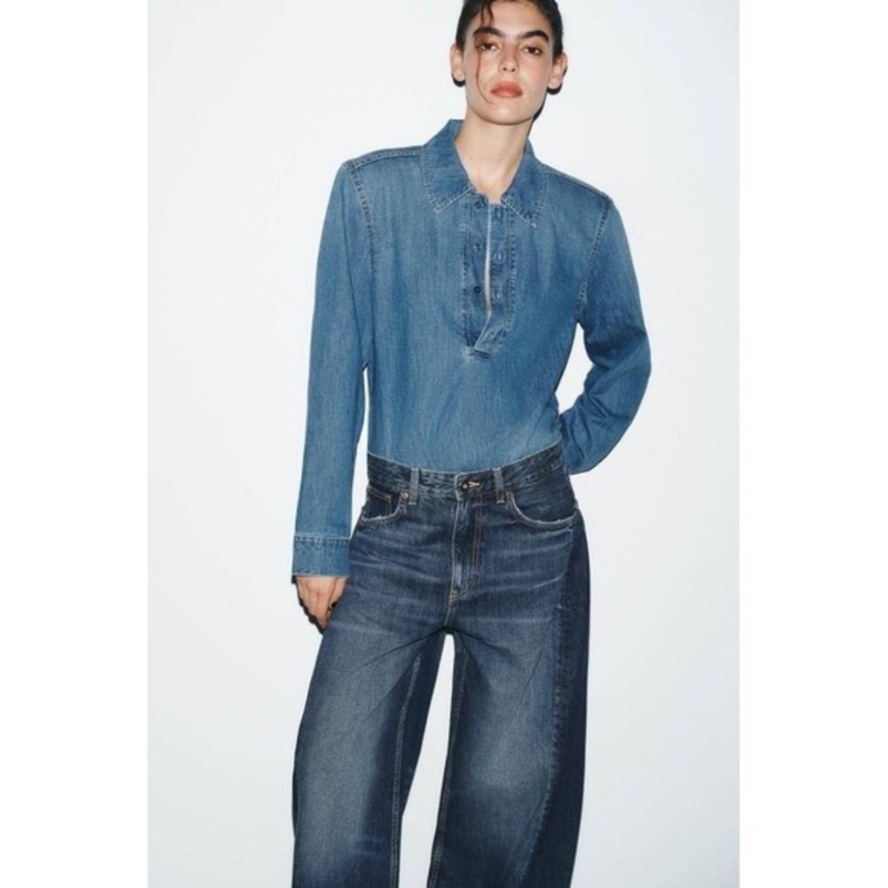 Zara Two Tone Barrel Leg Jeans High Waisted Wide Leg Blue Denim Sz 34 - Picture 3 of 13